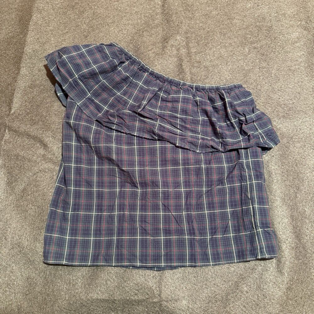 Bailey 44 Blue Plaid Off Shoulder Ruffle Top XS flowy Made in USA blue red